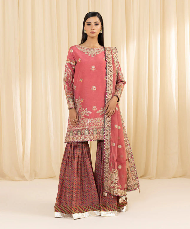Itisha | Coral Embroidered Raw Silk Gharara
