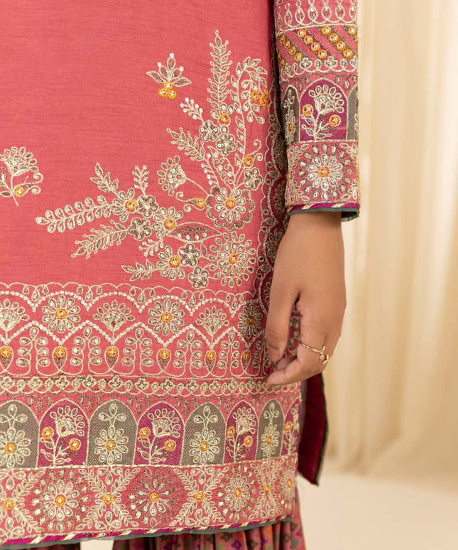 Itisha | Coral Embroidered Raw Silk Gharara