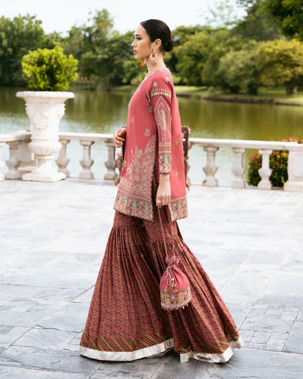 Itisha | Coral Embroidered Raw Silk Gharara