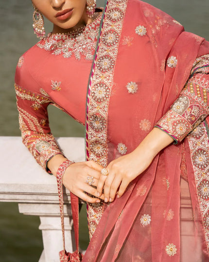 Itisha | Coral Embroidered Raw Silk Gharara