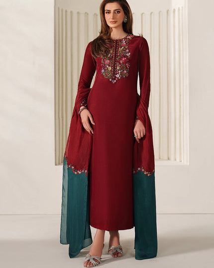 Irina | Red Ramen Silk Embroidered Suit