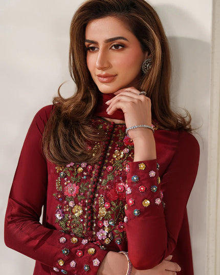 Irina | Red Ramen Silk Embroidered Suit