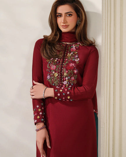 Irina | Red Ramen Silk Embroidered Suit