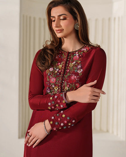 Irina | Red Ramen Silk Embroidered Suit