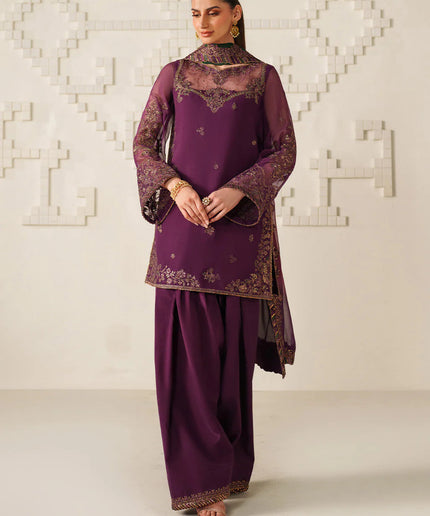 Fari | Plum Magenta Embroidered Chiffon Farshi Shalwar Suit