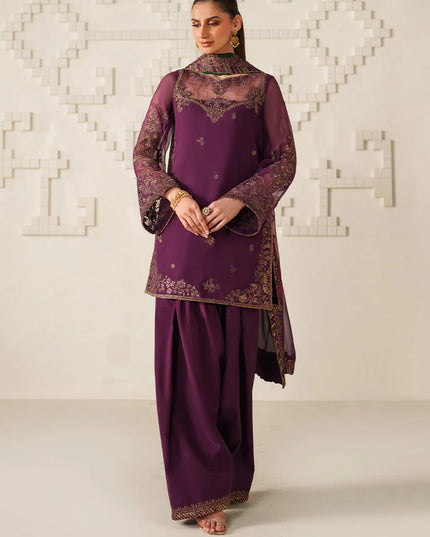 Fari | Plum Magenta Embroidered Chiffon Farshi Shalwar Suit