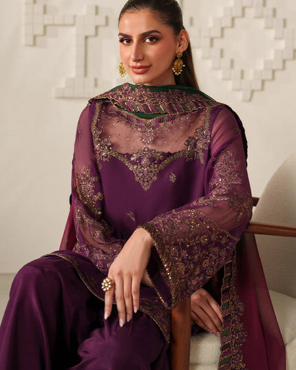 Fari | Plum Magenta Embroidered Chiffon Farshi Shalwar Suit