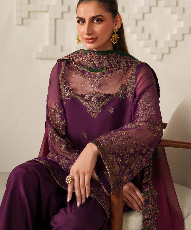 Fari | Plum Magenta Embroidered Chiffon Farshi Shalwar Suit