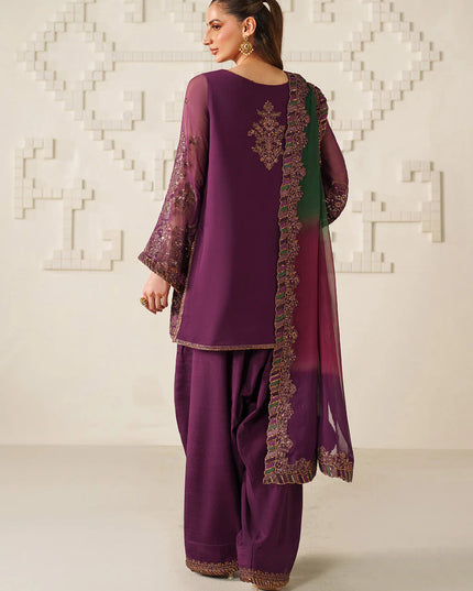 Fari | Plum Magenta Embroidered Chiffon Farshi Shalwar Suit