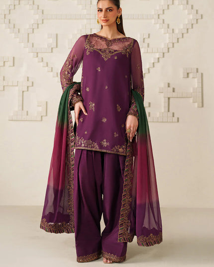 Fari | Plum Magenta Embroidered Chiffon Farshi Shalwar Suit