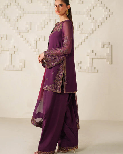 Fari | Plum Magenta Embroidered Chiffon Farshi Shalwar Suit