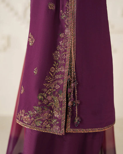 Fari | Plum Magenta Embroidered Chiffon Farshi Shalwar Suit