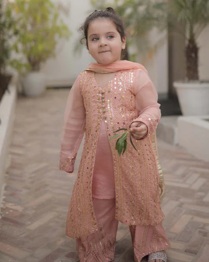 Ufaq | Girls Peach Chikankari Embellished Gown