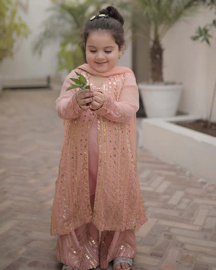 Ufaq | Girls Peach Chikankari Embellished Gown