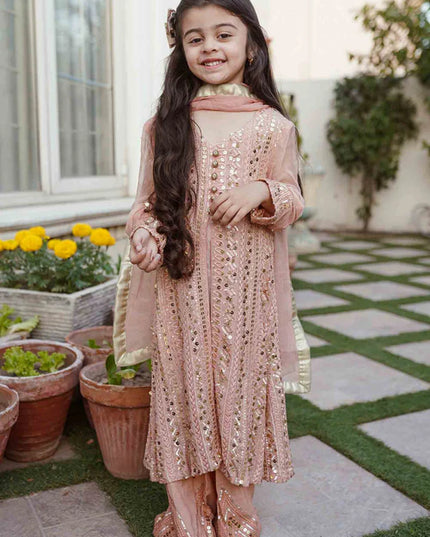 Ufaq | Girls Peach Chikankari Embellished Gown