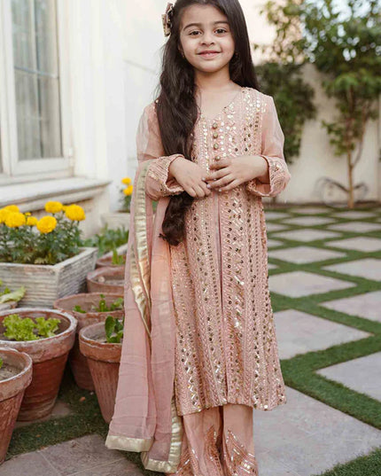 Ufaq | Girls Peach Chikankari Embellished Gown