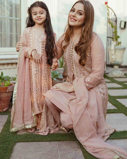 Ufaq | Girls Peach Chikankari Embellished Gown