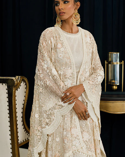 Niha | Organza Embroidered Kaftan with Skirt
