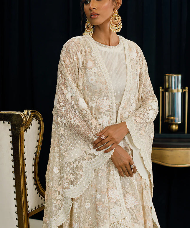 Niha | Organza Embroidered Kaftan with Skirt