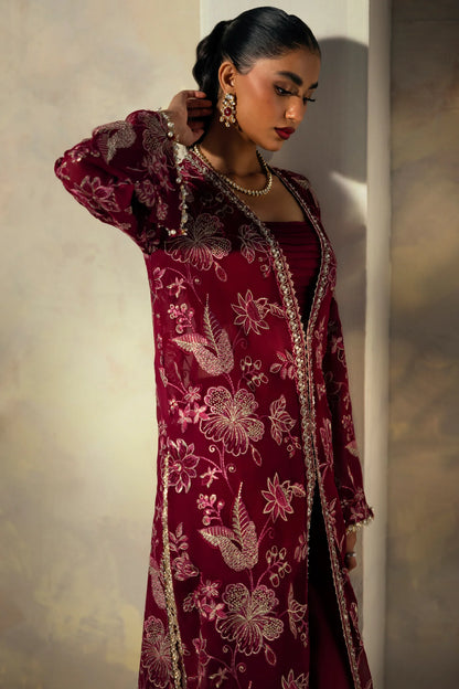 ELAN Rose | Red Chiffon Embroidered Embellished Co Ord Set