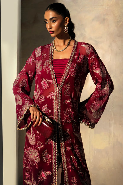 ELAN Rose | Red Chiffon Embroidered Embellished Co Ord Set