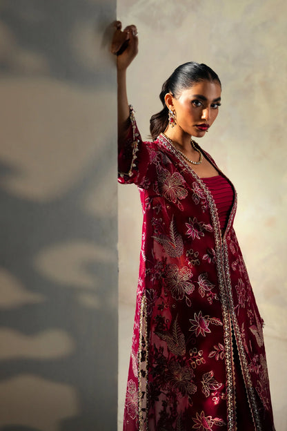 ELAN Rose | Red Chiffon Embroidered Embellished Co Ord Set