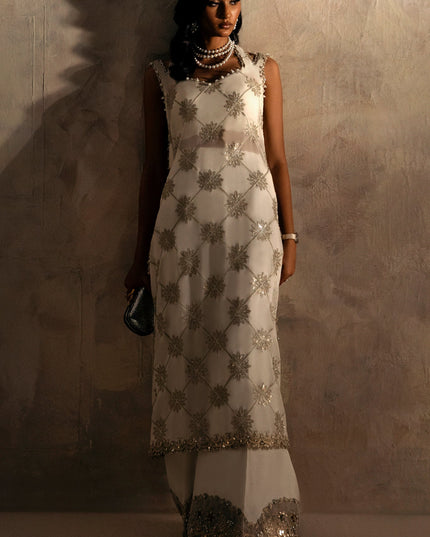 ELAN NOEMIE | White Chiffon Embellished Co Ord Set