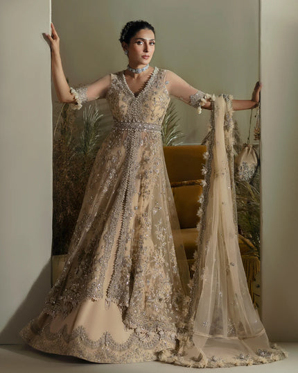 Elan | Light Yellow Embroidered Embellished Net Lehenga