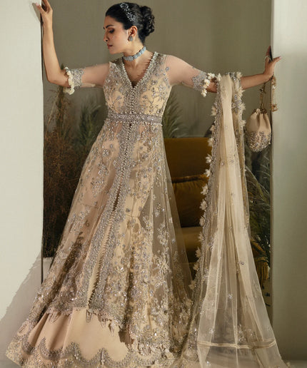 Elan | Light Yellow Embroidered Embellished Net Lehenga
