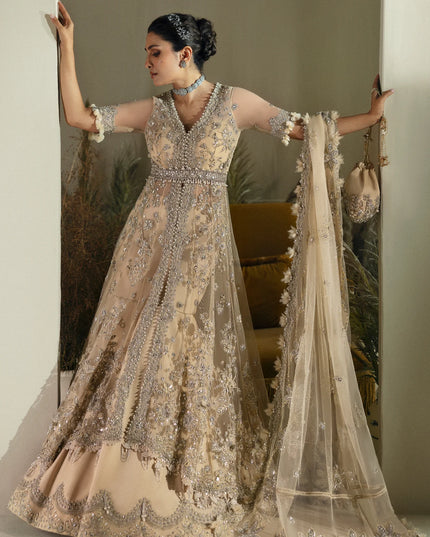 Elan | Light Yellow Embroidered Embellished Net Lehenga