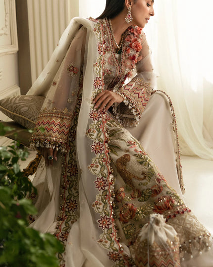 Elan | Ivory Embroidered Embellished Organza Jacket Sharara