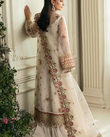 Elan | Ivory Embroidered Embellished Organza Jacket Sharara
