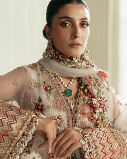 Elan | Ivory Embroidered Embellished Organza Jacket Sharara