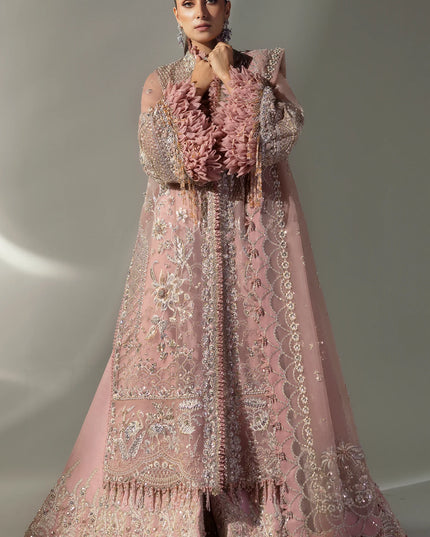 Elan | Pink Embroidered Embellished Organza Jacket Sharara