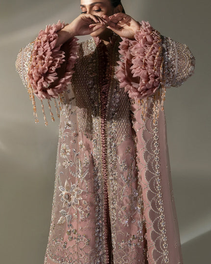 Elan | Pink Embroidered Embellished Organza Jacket Sharara