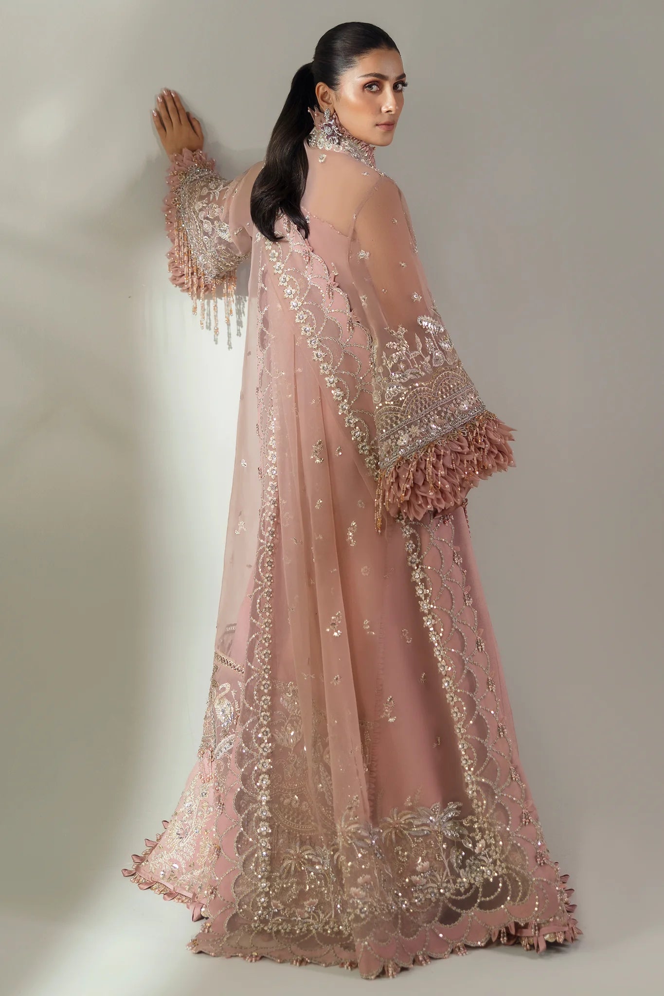 Elan | Pink Embroidered Embellished Organza Jacket Sharara