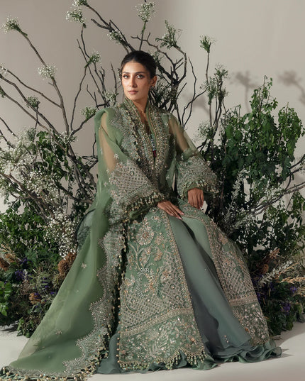 Elan | Green Embroidered Embellished Organza Jacket Sharara
