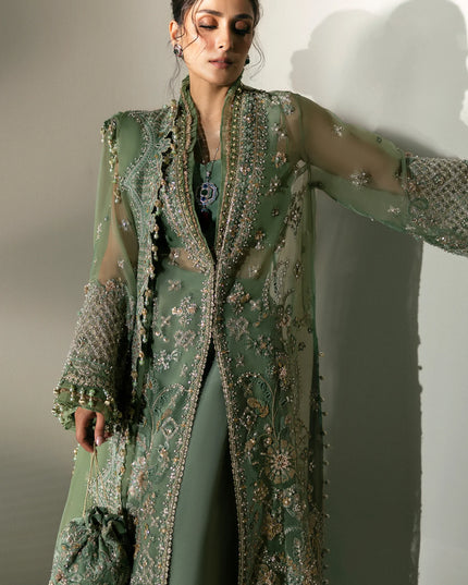 Elan | Green Embroidered Embellished Organza Jacket Sharara
