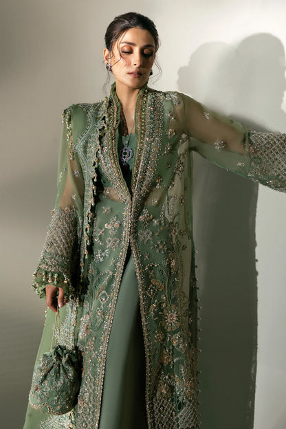 Elan | Green Embroidered Embellished Organza Jacket Sharara