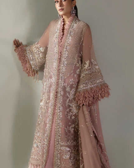 Elan | Pink Embroidered Embellished Organza Jacket Sharara