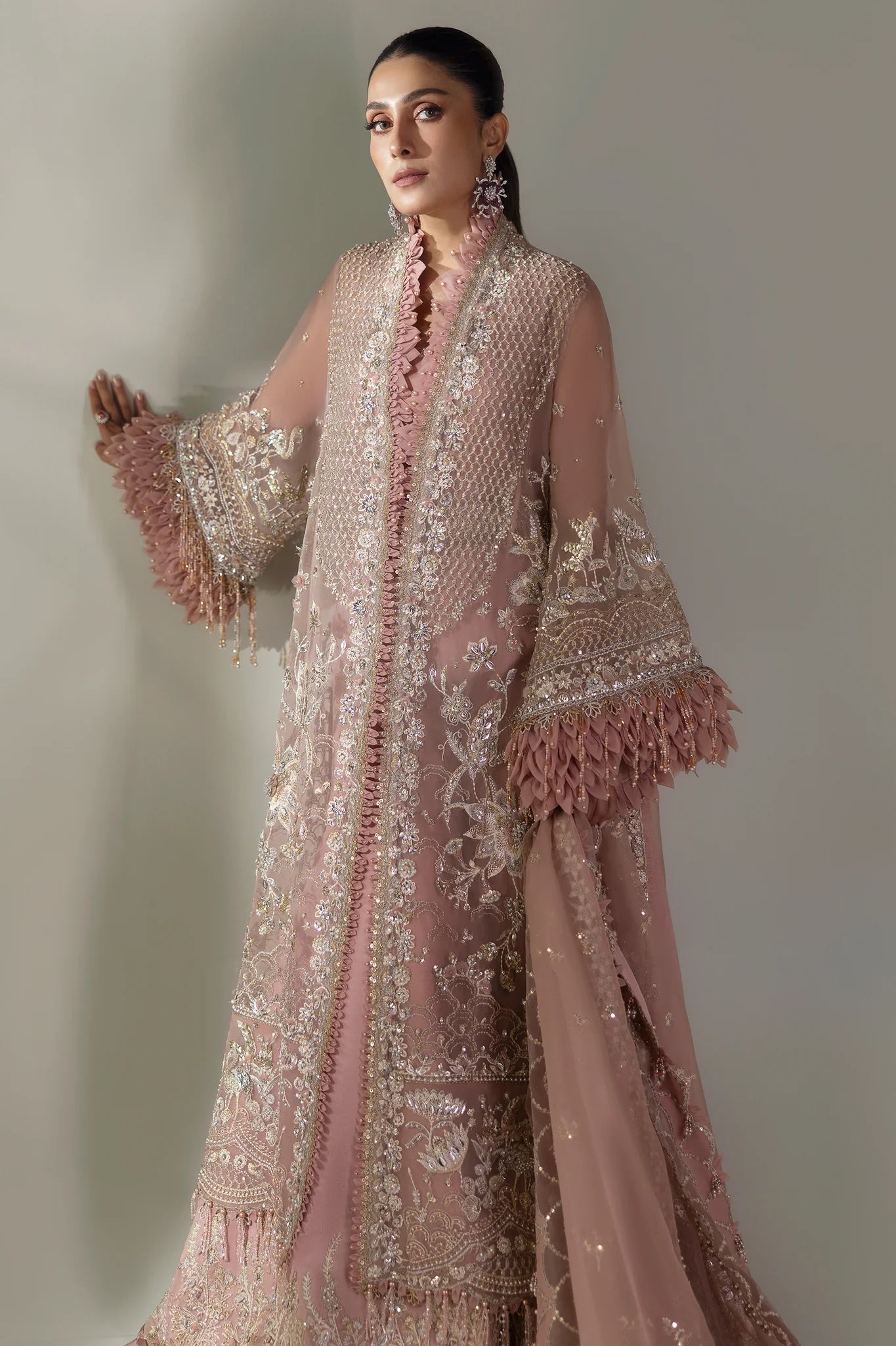 Elan | Pink Embroidered Embellished Organza Jacket Sharara