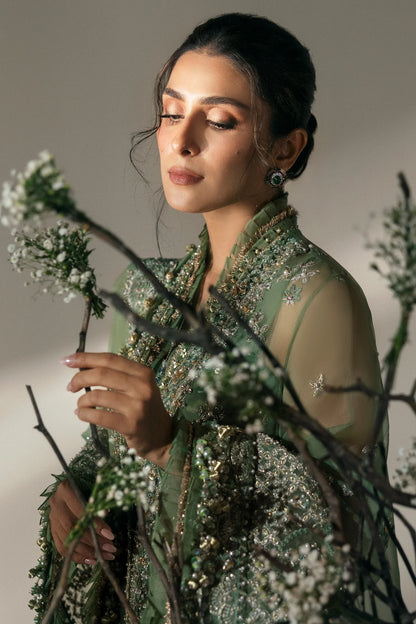 Elan | Green Embroidered Embellished Organza Jacket Sharara