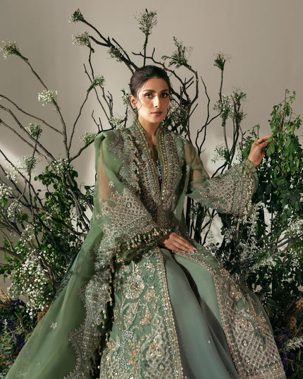 Elan | Green Embroidered Embellished Organza Jacket Sharara