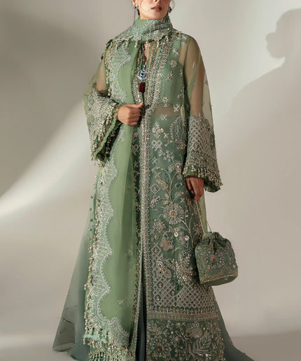 Elan | Green Embroidered Embellished Organza Jacket Sharara