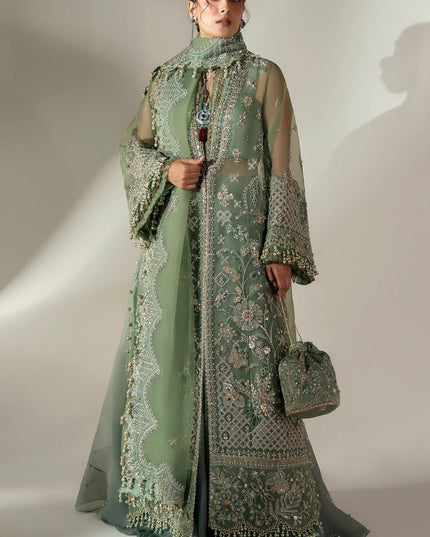 Elan | Green Embroidered Embellished Organza Jacket Sharara