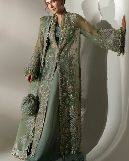 Elan | Green Embroidered Embellished Organza Jacket Sharara