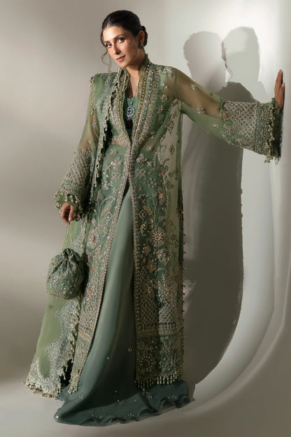Elan | Green Embroidered Embellished Organza Jacket Sharara
