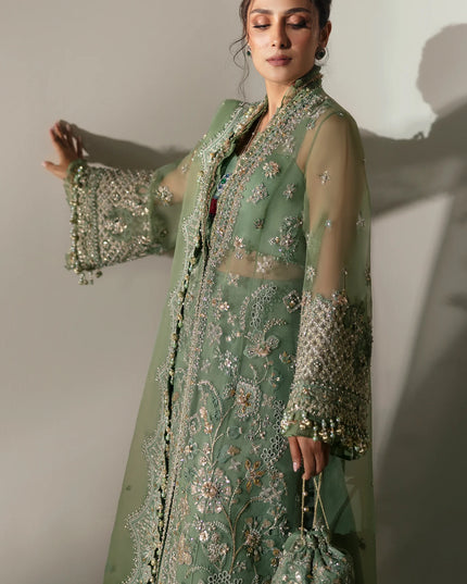 Elan | Green Embroidered Embellished Organza Jacket Sharara