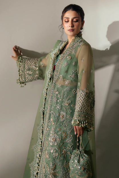 Elan | Green Embroidered Embellished Organza Jacket Sharara