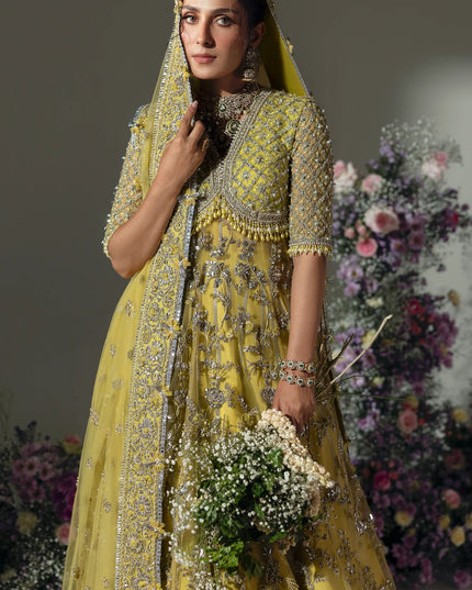 Elan | Lime Yellow Embroidered Embellished Net Maxi Dress
